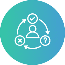 Decision-making process icon with arrows and symbols.