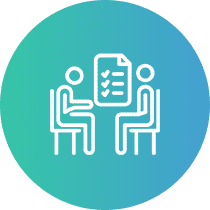 Two people discussing a checklist icon.